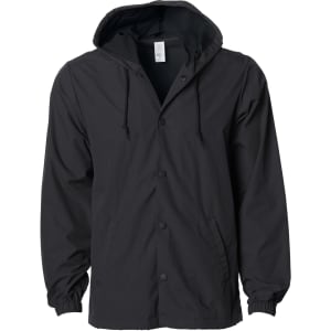 A men's nylon hooded windbreaker in black with a button-up front and drawstring hood. It features a logo.