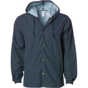 A men's navy nylon hooded windbreaker with a light blue lining, featuring a front snap closure and drawstrings.