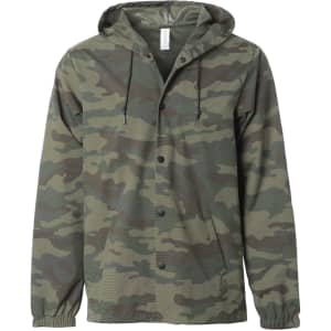 A men's hooded windbreaker in camouflage pattern, featuring buttons and adjustable drawstrings on the hood.