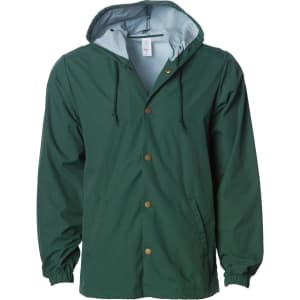 A men's hooded windbreaker in dark green with a light blue lining and front snap buttons, featuring a logo.
