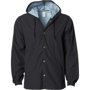 A men's hooded windbreaker in black with a light blue interior, featuring buttons and an adjustable hood.