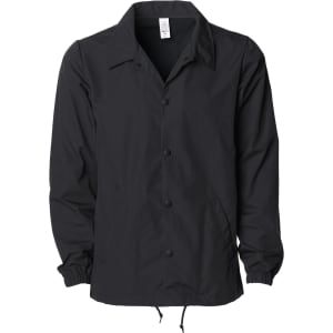 A black nylon coach's jacket with a button-up front and elastic cuffs. It features a drawstring at the hem and a logo.