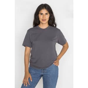 A grey short sleeve cotton poly crew tee displayed on a model. The design features a simple, casual look.