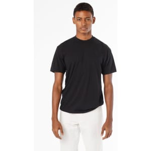 A black short sleeve cotton poly crew tee worn by a model standing against a plain white background.