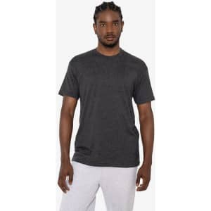 A dark grey short sleeve cotton-poly crew tee with a relaxed fit, featuring a logo on the chest.