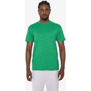 A green short sleeve cotton-poly t-shirt with a logo, displayed on a model in casual wear.