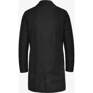 A black women's jacket with a sleek design and long sleeves, featuring a collar and back vent.