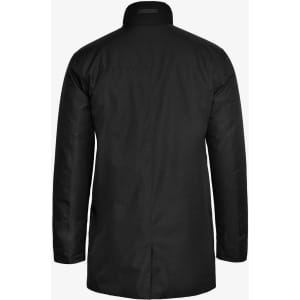 A black jacket with a long back, featuring a collar and long sleeves, and includes a logo.