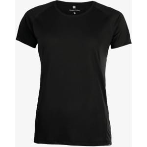A black women's t-shirt with a classic fit and short sleeves. The shirt features a logo on the front.