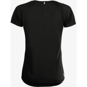A black women’s t-shirt featuring a fitted design and short sleeves. The back view highlights its smooth fabric.