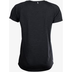 A black women's T-shirt with a casual fit, featuring short sleeves and a logo on the side.