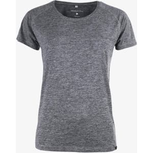 A grey women's t-shirt featuring a relaxed fit and short sleeves, with a logo at the hem.