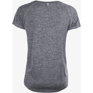 A grey women's T-shirt with a relaxed fit and short sleeves, featuring a branding label on the back.