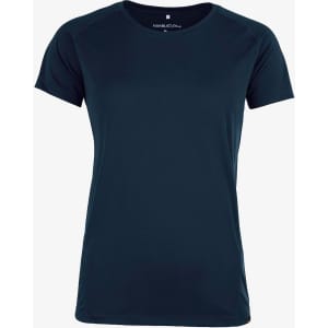 A women's navy blue t-shirt with short sleeves, featuring a logo on the neckline.