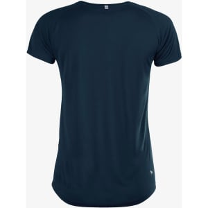 A dark blue women's T-shirt with short sleeves and a rounded hem, featuring a logo.