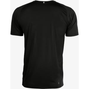 A black men's T-shirt featuring a simple design and a small logo at the back.