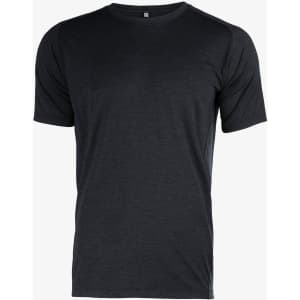 A black t-shirt with short sleeves and a crew neckline. It features a subtle branding logo.