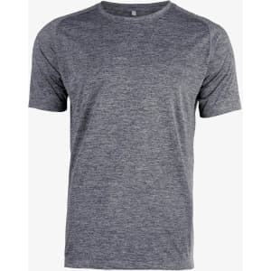 A grey short-sleeved T-shirt with a simple design and a logo on the front.