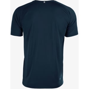 A navy blue men's t-shirt with short sleeves, featuring a logo on the back.