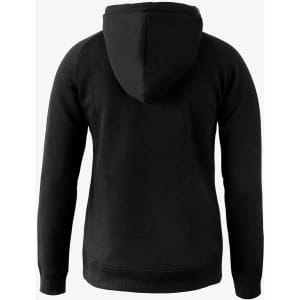 A black hoodie featuring a hood and long sleeves, showcasing a simple and minimalist design from the back.