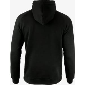 A black hoodie with a front kangaroo pocket and a hood, featuring a logo on the back.