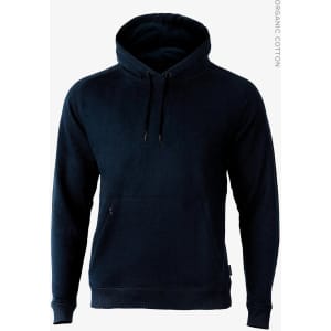 A navy hoodie made from organic cotton, featuring a front pocket and a drawstring hood. It has a logo on the side.
