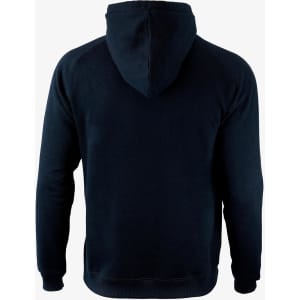 A dark navy hoodie with a hood, featuring a plain design and a logo on the back.