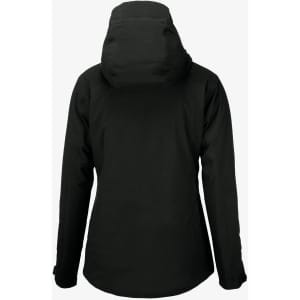 A black women's jacket featuring a hood, with a sleek and minimalistic design. It has a logo on the back.