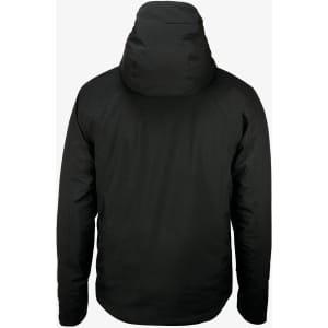 A black puffer jacket with a hood, featuring a logo on the back. Suitable for cold weather.