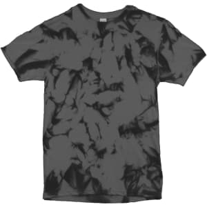 A nebula tie-dye t-shirt featuring a black and grey design with a unique pattern. It has a logo on the label.