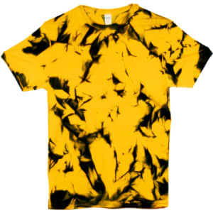 A yellow tie dye t-shirt with black patterns, featuring a modern design. The shirt has a logo on it.
