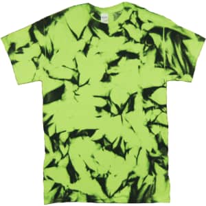 A neon green tie dye t-shirt with a black abstract pattern and a small logo on the label.