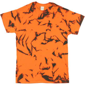 A Nebula tie dye t-shirt featuring a vibrant orange and black pattern, with a label on the inside neck.