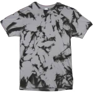 A tie-dye t-shirt featuring a black and grey pattern, with a logo on the front.