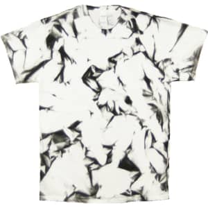 A tie-dye t-shirt featuring a black and white abstract pattern with a soft, textured appearance. It has a logo on it.