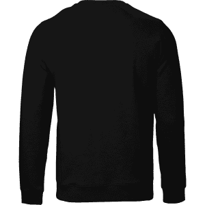 A black sweatshirt with long sleeves and a crew neck, featuring a logo on the back.
