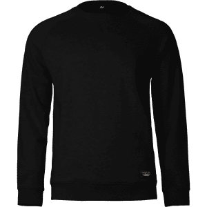 A black sweatshirt featuring raglan sleeves and a small logo on the front.