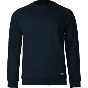 A navy sweatshirt with long sleeves and a round neckline, featuring a logo at the hem.