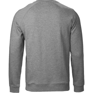 A grey sweatshirt with a simple design and a branding logo on the back.