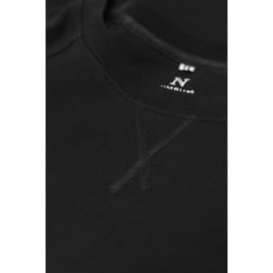 A black sweatshirt featuring a logo and a textured detail on the neckline.