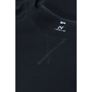 A black sweatshirt with a round neckline and subtle stitching details, featuring a brand logo.