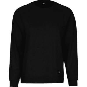 A black sweatshirt featuring a simple design and a small branding label at the bottom.