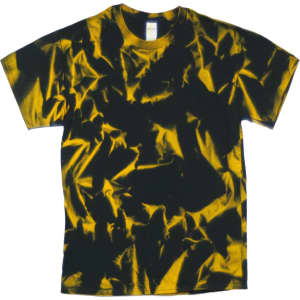 A tie dye T-shirt featuring a vibrant yellow and black pattern, with a textured fabric appearance and a logo.