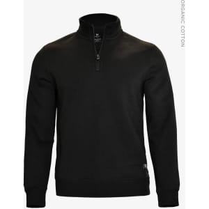 A black unisex sweatshirt featuring a zippered collar and a branded label on the hem.
