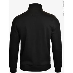A black unisex sweatshirt featuring a high collar and a plain design, with a logo on the back.