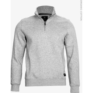 A grey unisex sweatshirt with a quarter zip collar and a logo on the side. Made from organic cotton.