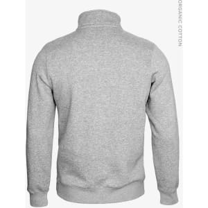 A grey unisex sweatshirt with a high collar and long sleeves, featuring a brand logo on the back.