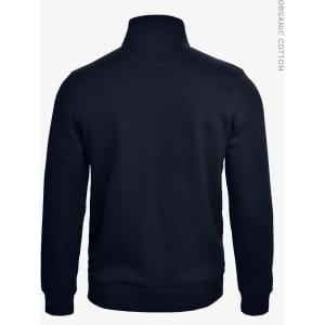 A dark navy unisex sweatshirt with a high neckline and a logo on the back. Made from organic cotton.