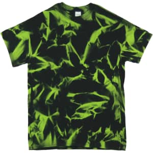 A black and neon green tie dye T-shirt featuring a vibrant swirling design. The shirt has a logo on the label.
