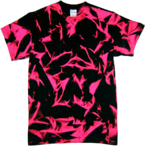A Nebula Tie Dye T-Shirt featuring a black and vibrant pink tie-dye pattern, with a crew neckline and short sleeves.